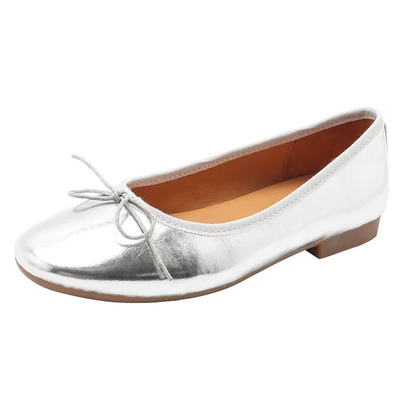 Handmade Soft Leather Flats With Bowknot Details in Golden/Silver/Black