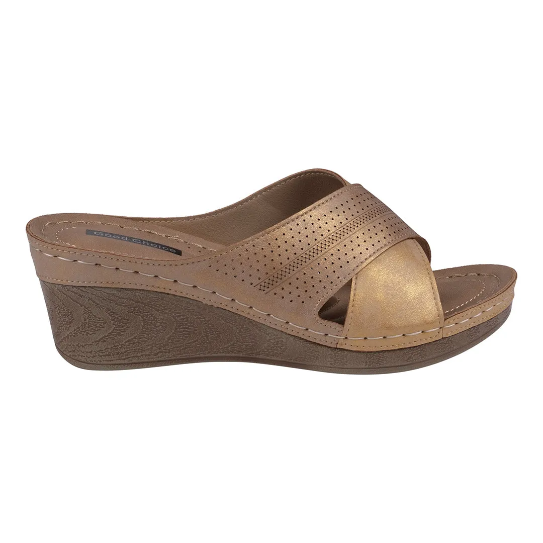 Hayden Perforated Tan/Bronze Contrast Cross Strap Wedge Sandals