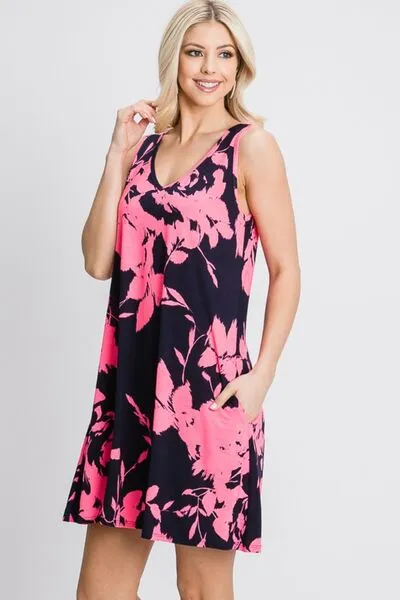 Heimish Floral V-Neck Tank Dress with Pockets