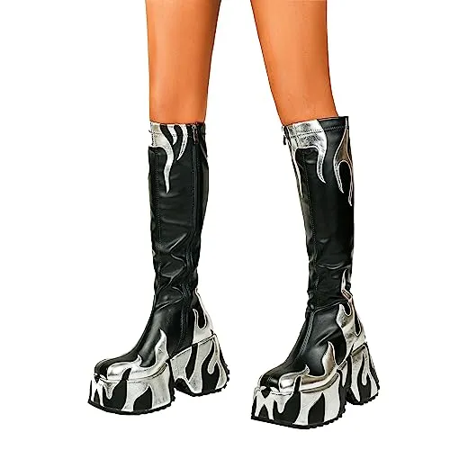 HiColor women’s side zipper high heeled silver Flames printing thick sole boots high boots round toe boots