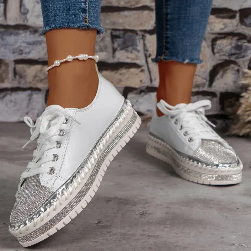 Hnzxzm 2024 New Women Casual Shoes Fashion Rhinestone Crystal Platform Slip-on Women Flats Luxury Comfortable Women Sneakers Size 35-44