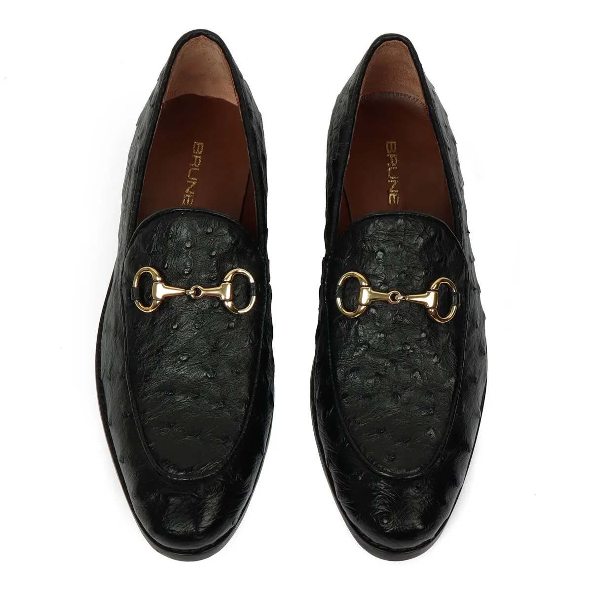 Horse-bit Detailing Apron Toe Slip-Ons Shoes in Black Real Ostrich Leather