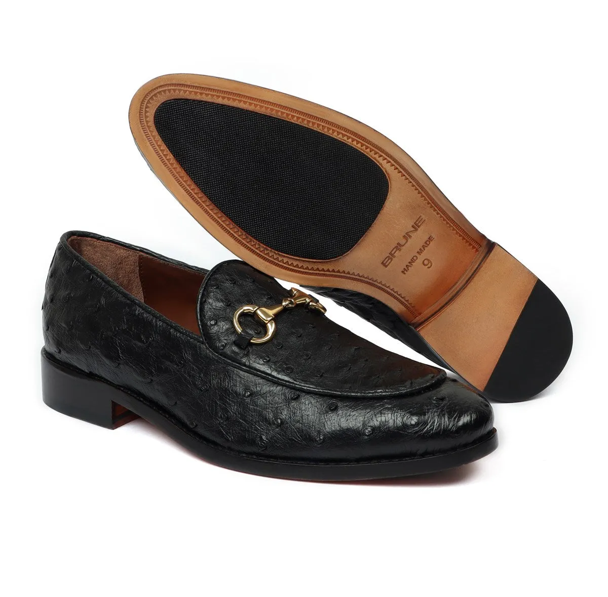 Horse-bit Detailing Apron Toe Slip-Ons Shoes in Black Real Ostrich Leather