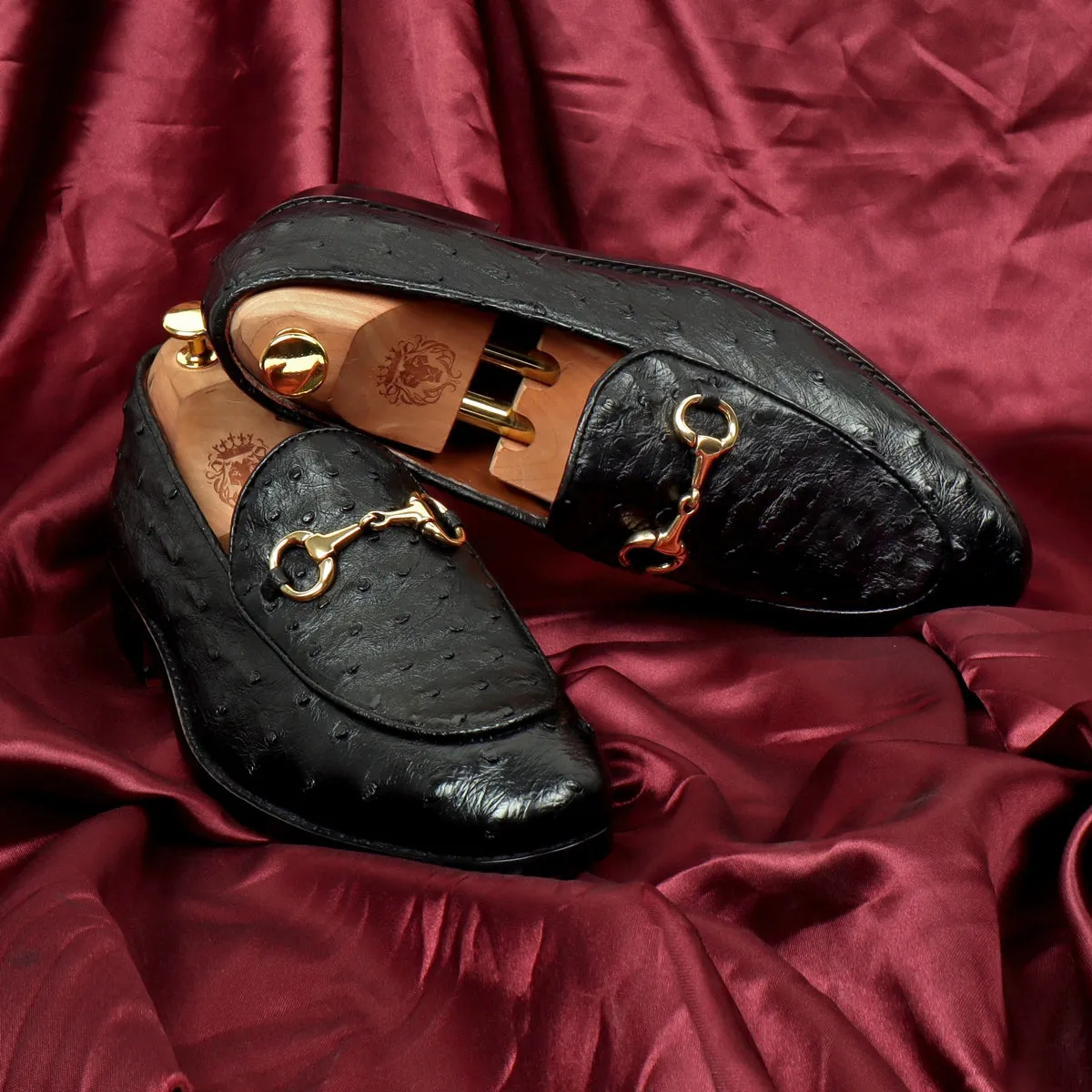 Horse-bit Detailing Apron Toe Slip-Ons Shoes in Black Real Ostrich Leather