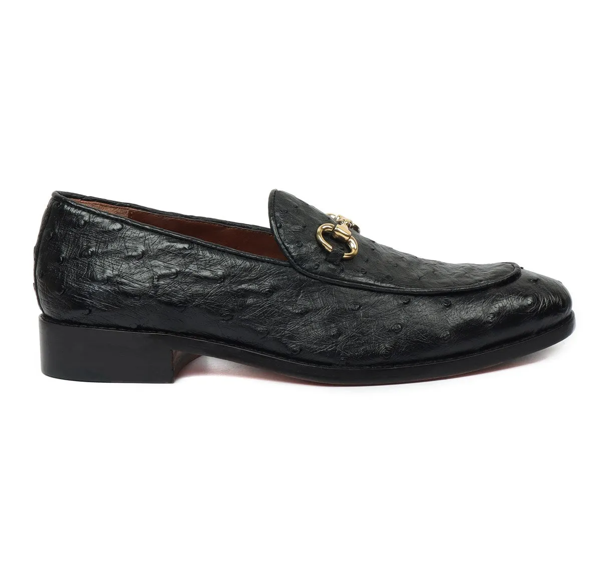 Horse-bit Detailing Apron Toe Slip-Ons Shoes in Black Real Ostrich Leather