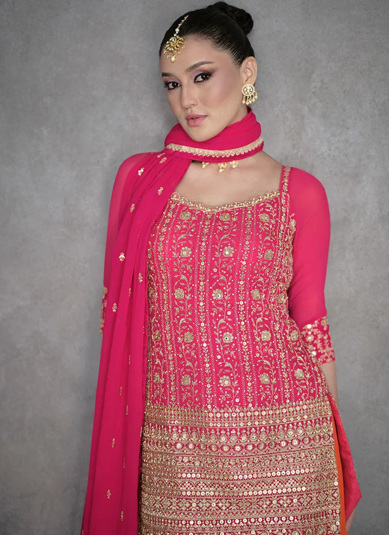 Hot Pink All Over Sequence Embroidery Designer Sharara Suit