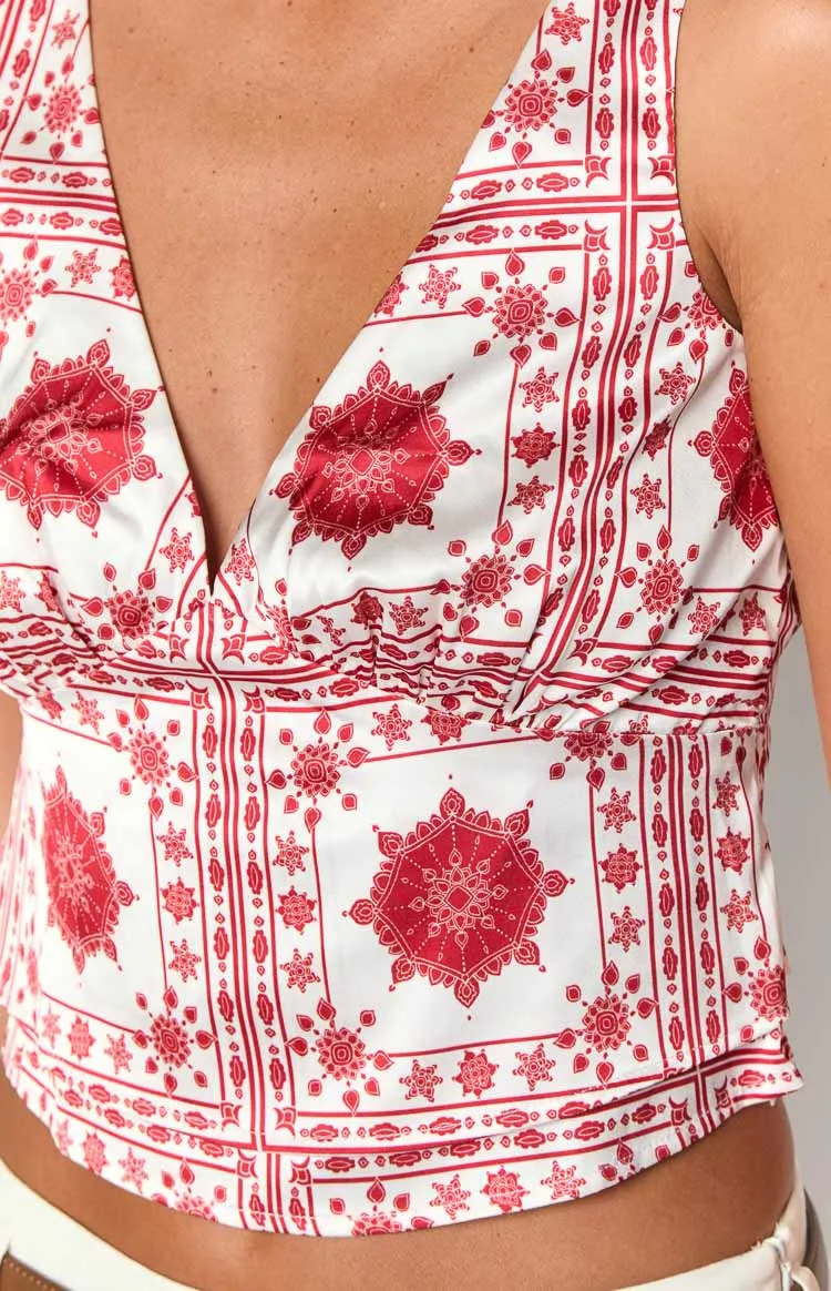 Ivory Petal Red Tile Print Top