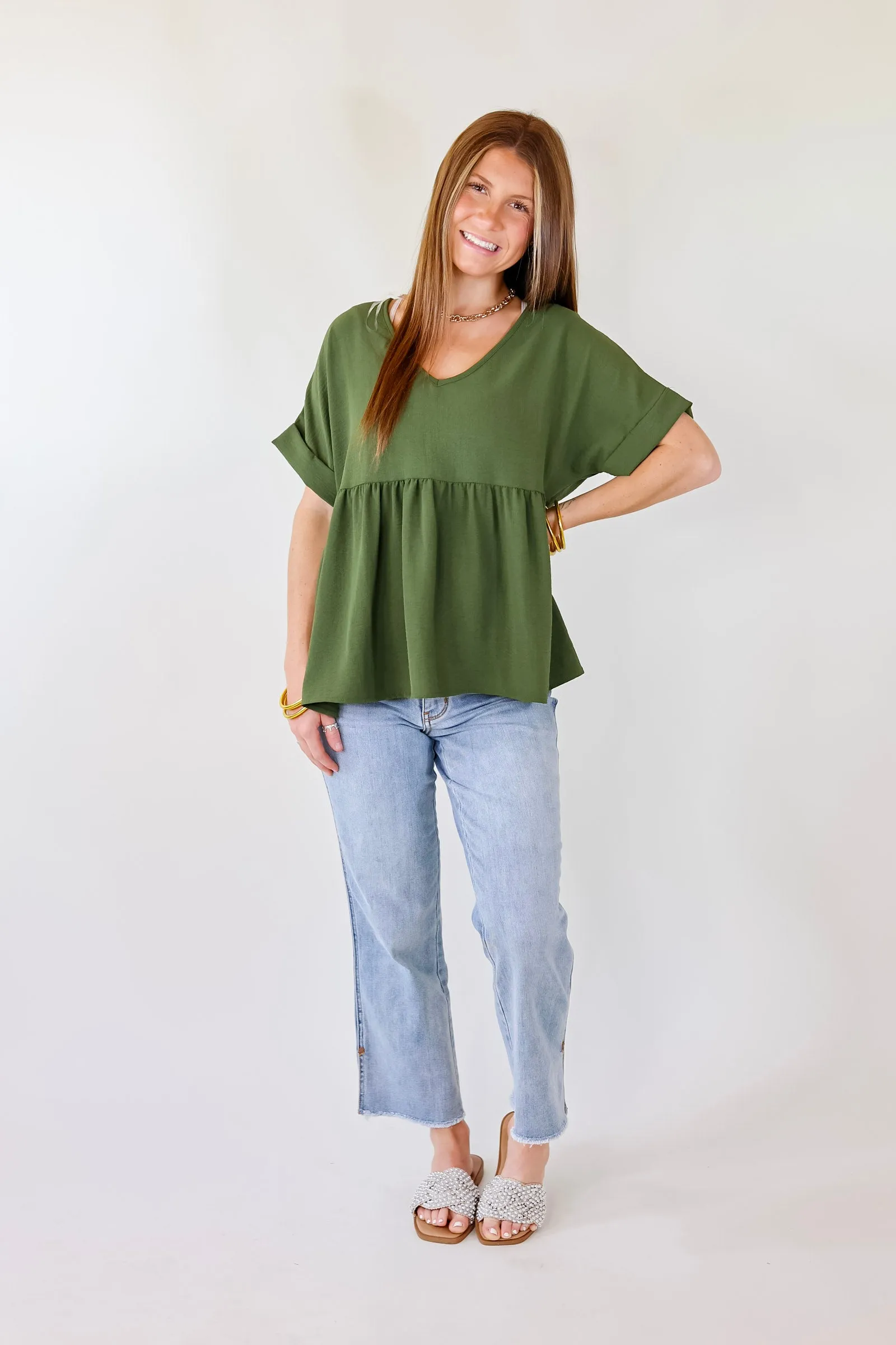 Last Chance Size Small | Touring the City Short Sleeve V Neck Babydoll Top in Olive Green