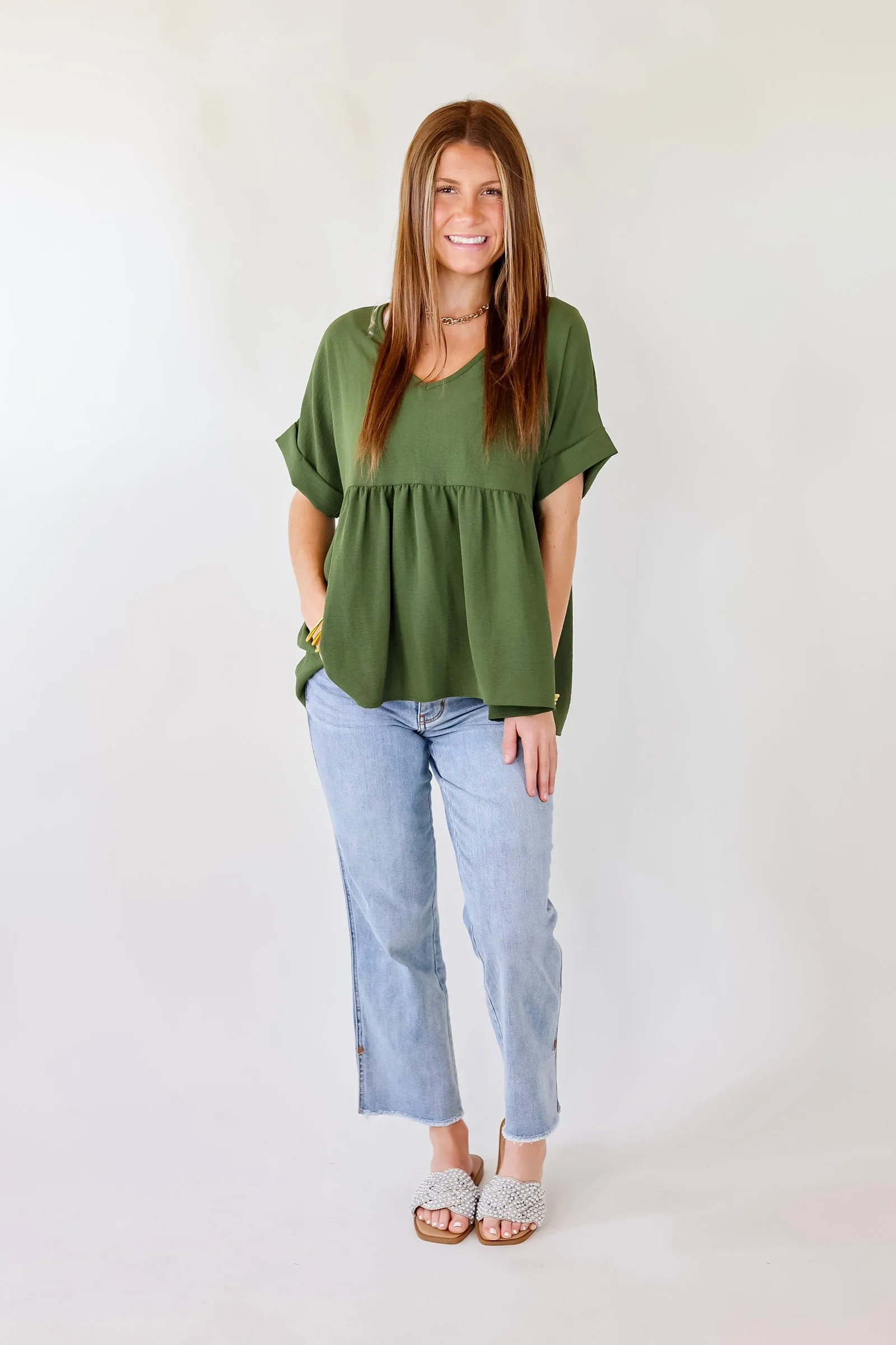 Last Chance Size Small | Touring the City Short Sleeve V Neck Babydoll Top in Olive Green