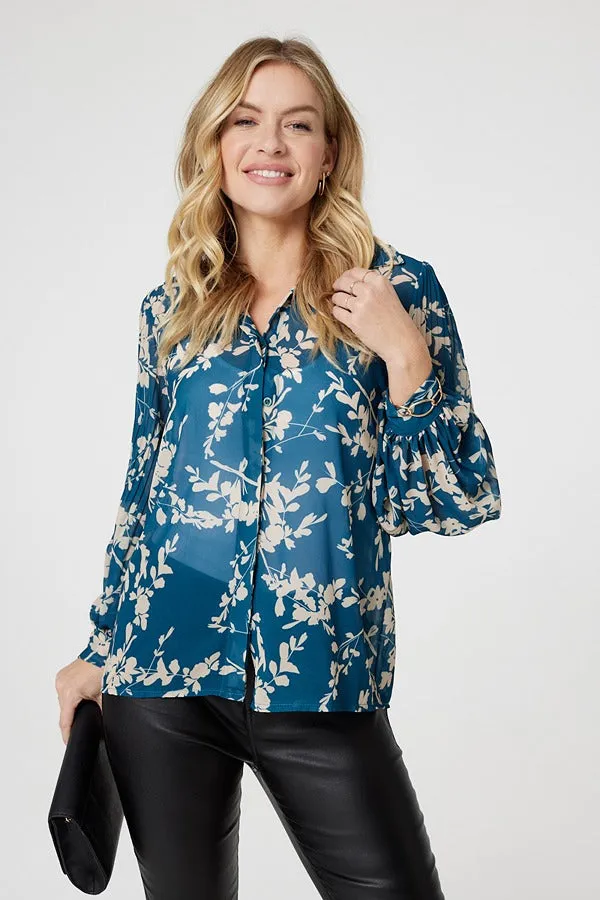 Leaf Print Semi Sheer Blouse