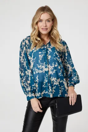 Leaf Print Semi Sheer Blouse