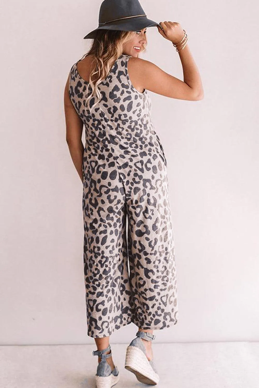 Leopard Print Wide Leg V Neck Jumpsuit with Pockets