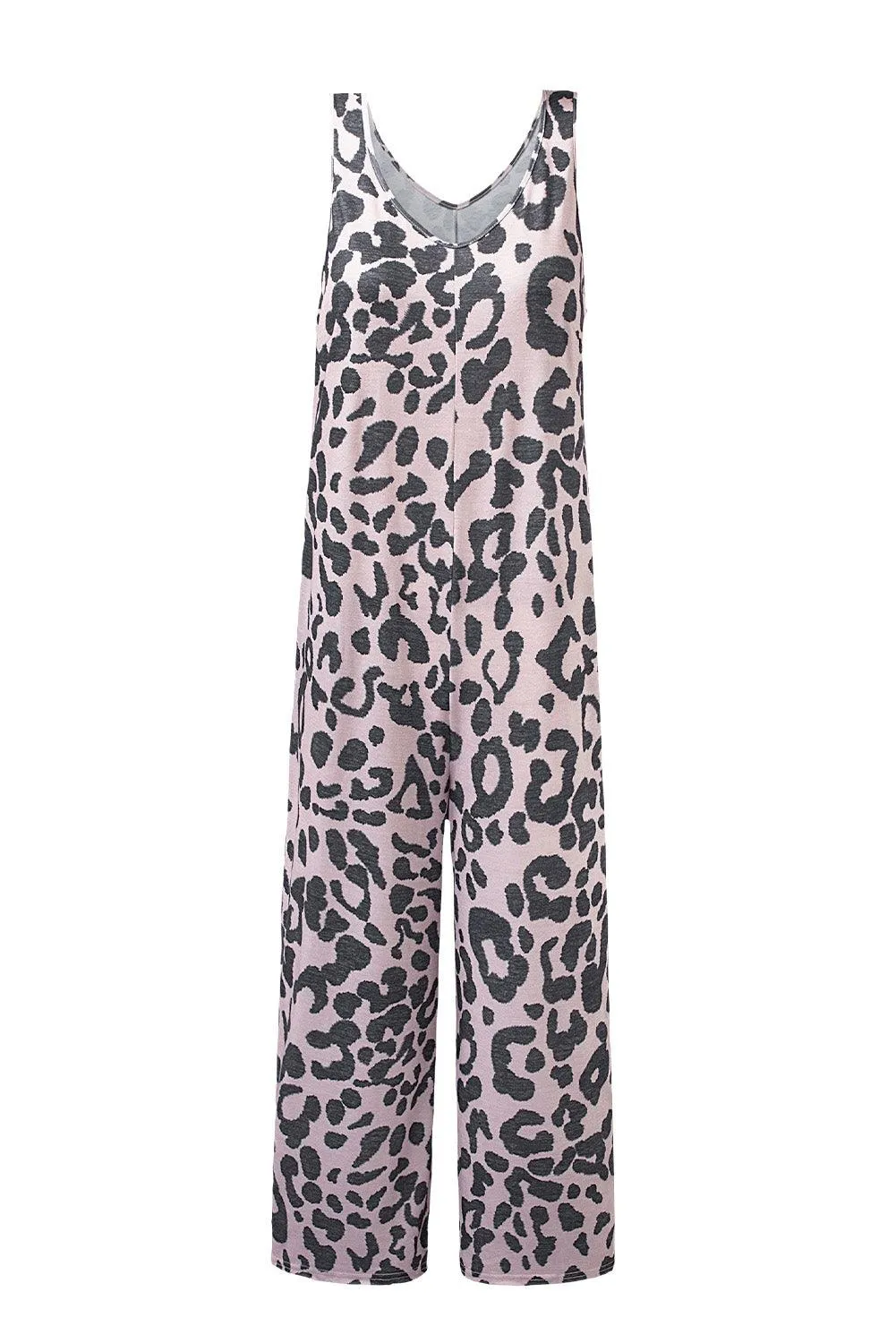 Leopard Print Wide Leg V Neck Jumpsuit with Pockets