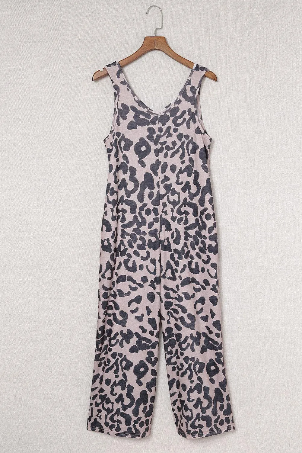 Leopard Print Wide Leg V Neck Jumpsuit with Pockets