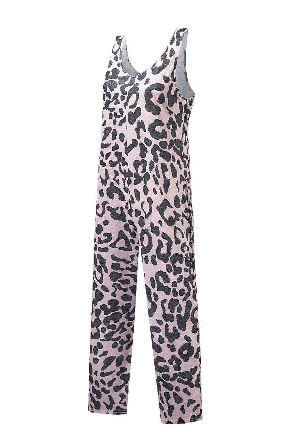 Leopard Print Wide Leg V Neck Jumpsuit with Pockets