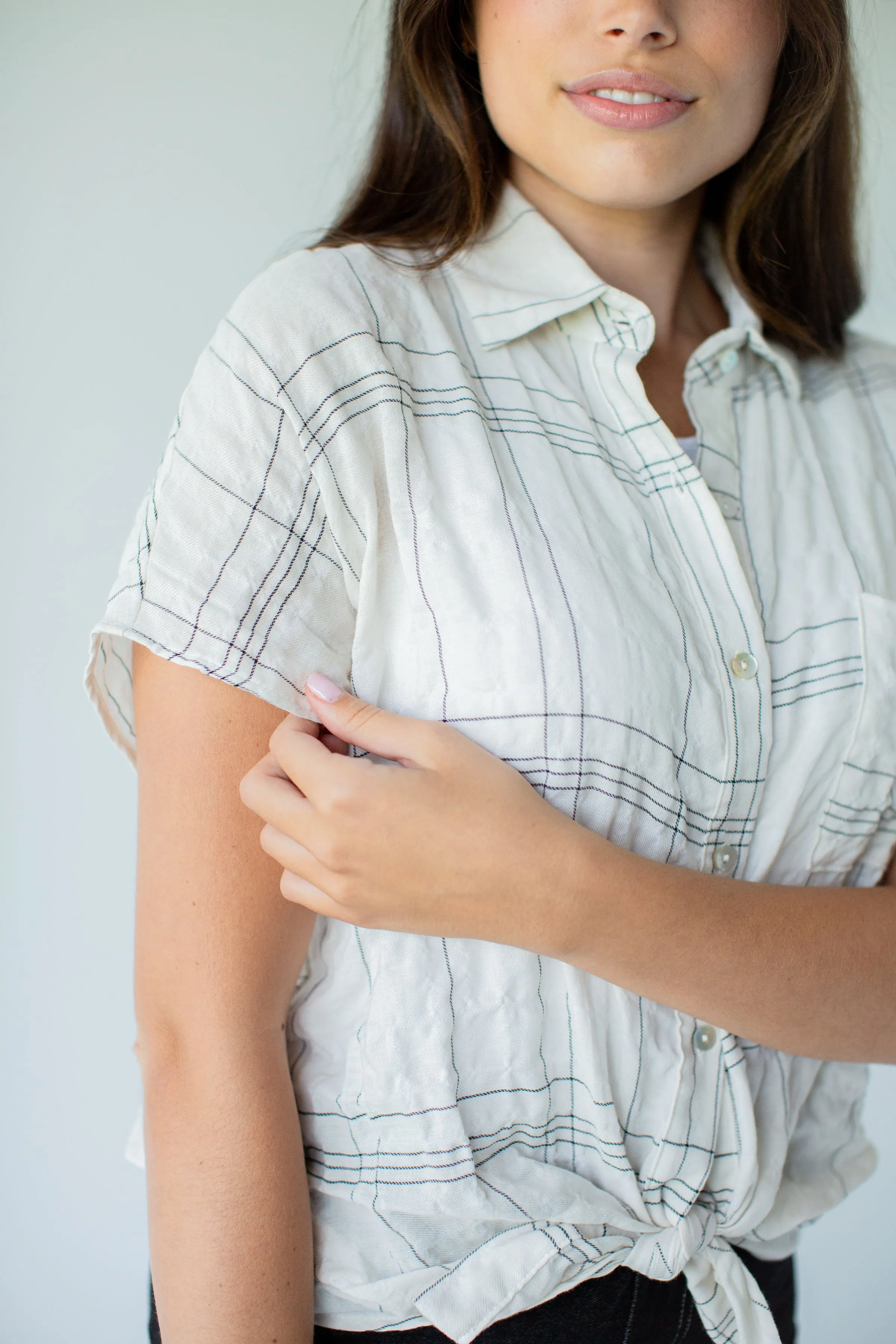 'Lincoln' Button Down Check Print Cotton Top in Ivory FINAL SALE