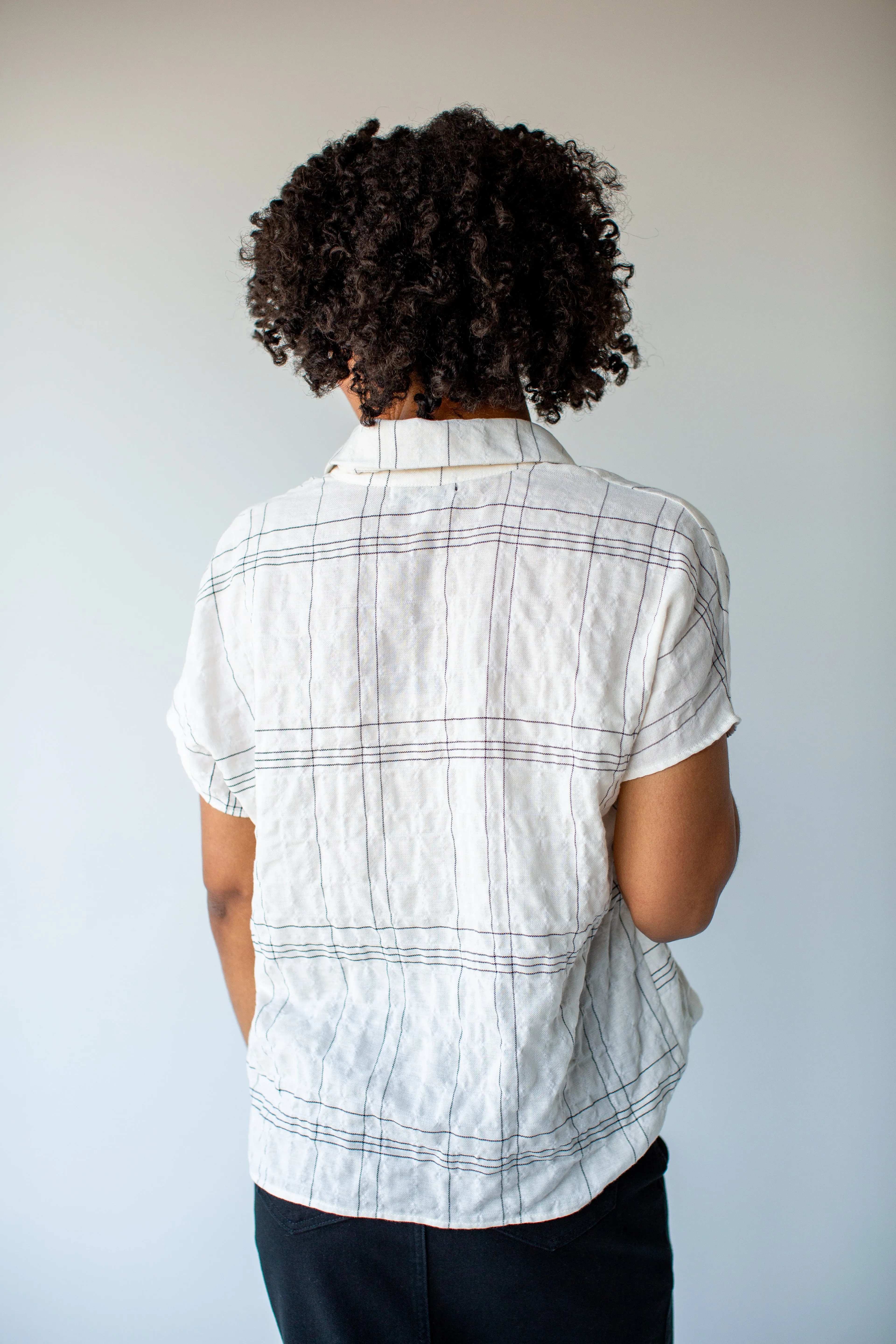 'Lincoln' Button Down Check Print Cotton Top in Ivory FINAL SALE