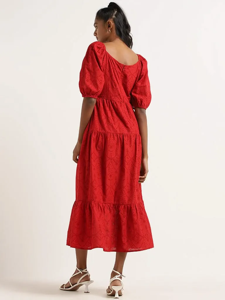 LOV Red Schiffli Cotton Maxi Dress