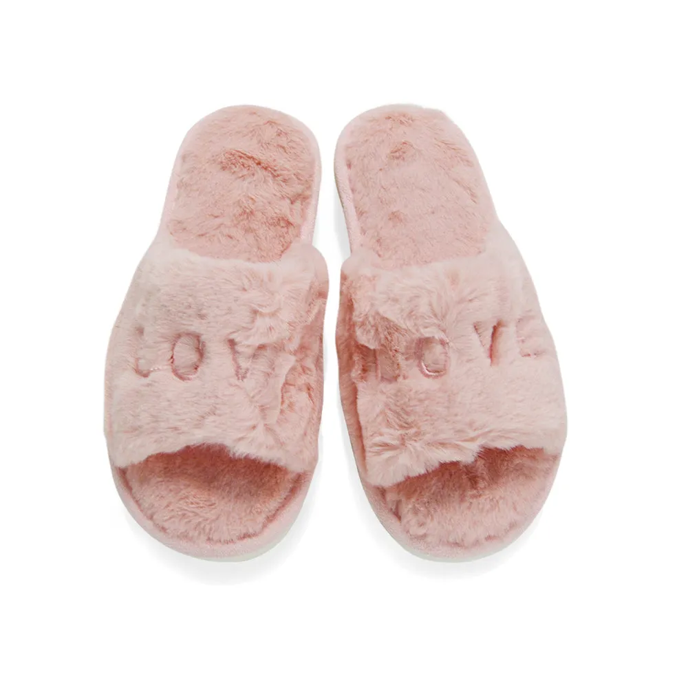 Lula Peep Toe Fluffy Soft Faux Fur Flat Embroidered Cosy Love Slippers in Nude