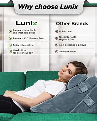 Lunix LX6 3pcs Orthopedic Bed Wedge Pillow Set, Post Surgery Memory Foam for Back, Leg and Knee Pain Relief, Sitting Pillow for Reading, Adjustable Pillows for Acid Reflux and GERD for Sleeping Navy