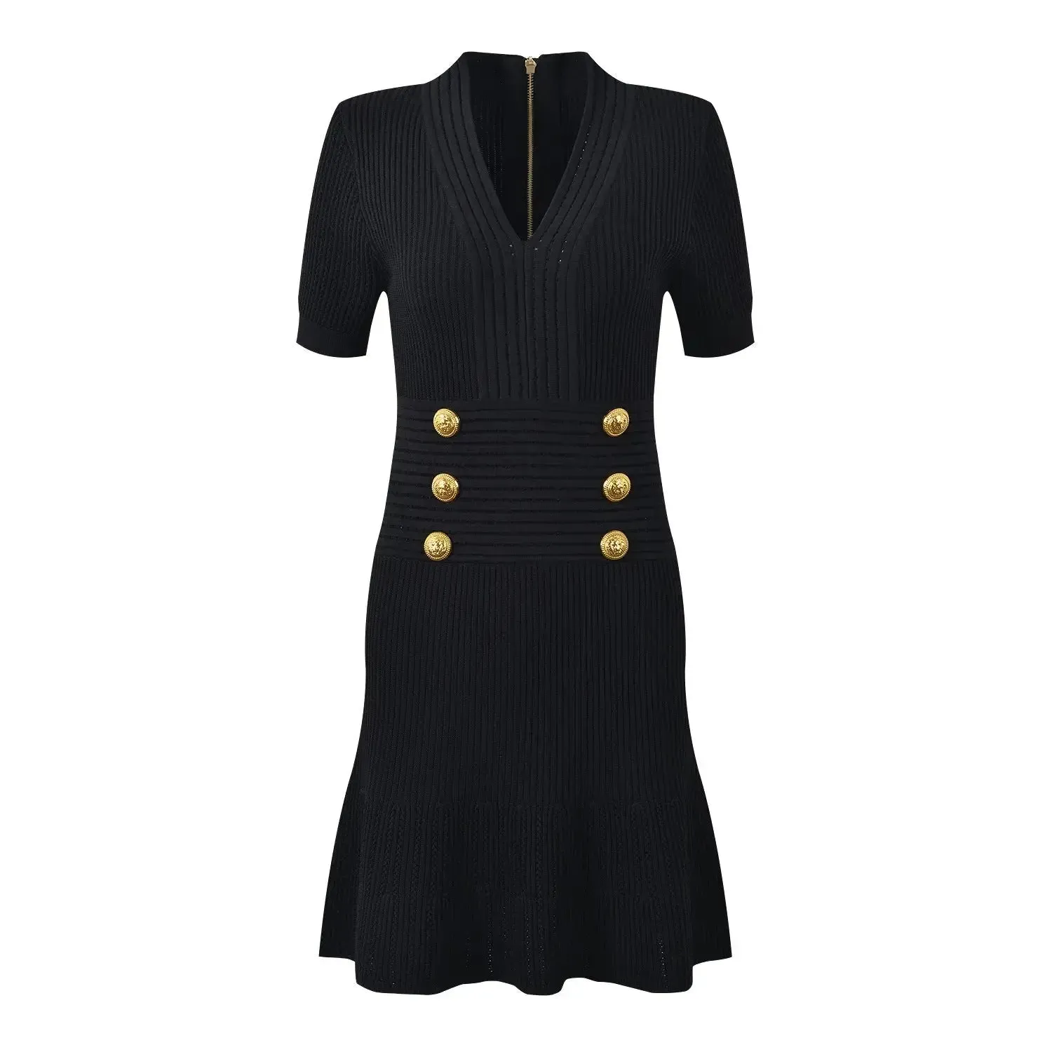 Luxury Metal Buckle V-neck Knitted Dress