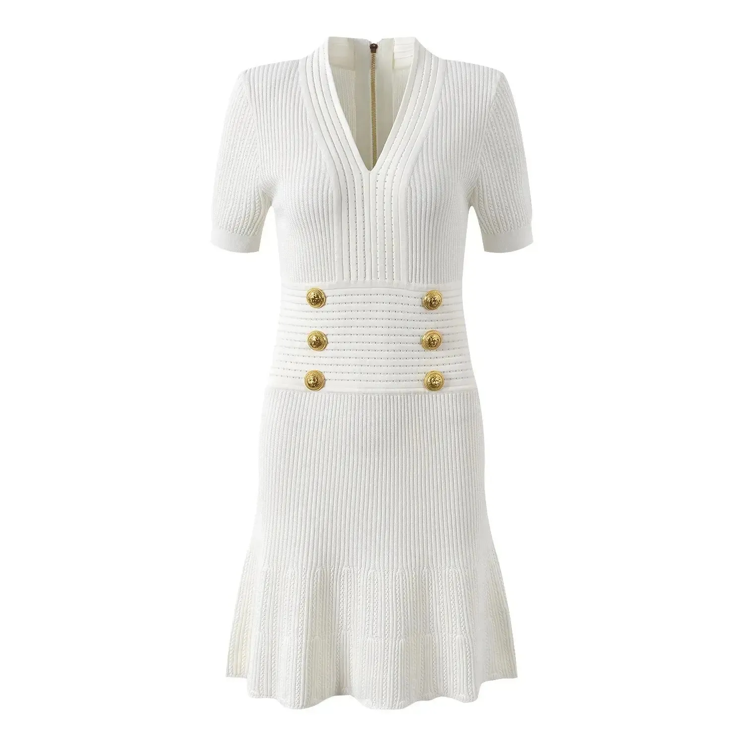 Luxury Metal Buckle V-neck Knitted Dress