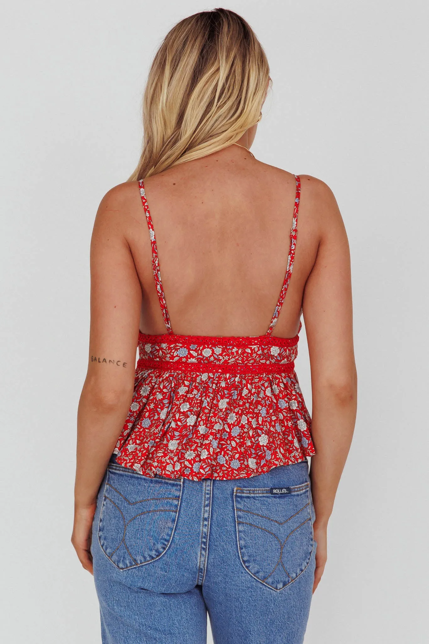 Marigold Crochet Trim Top Floral Red