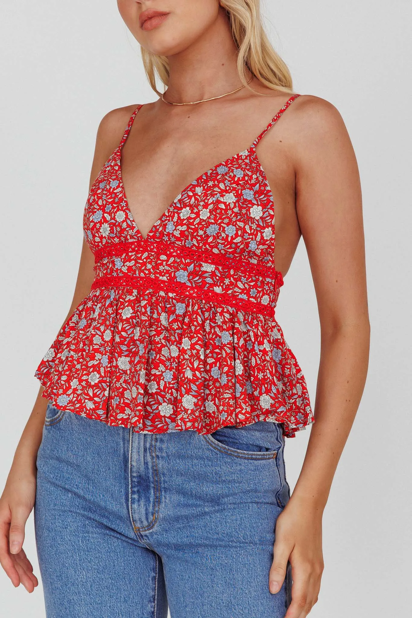 Marigold Crochet Trim Top Floral Red