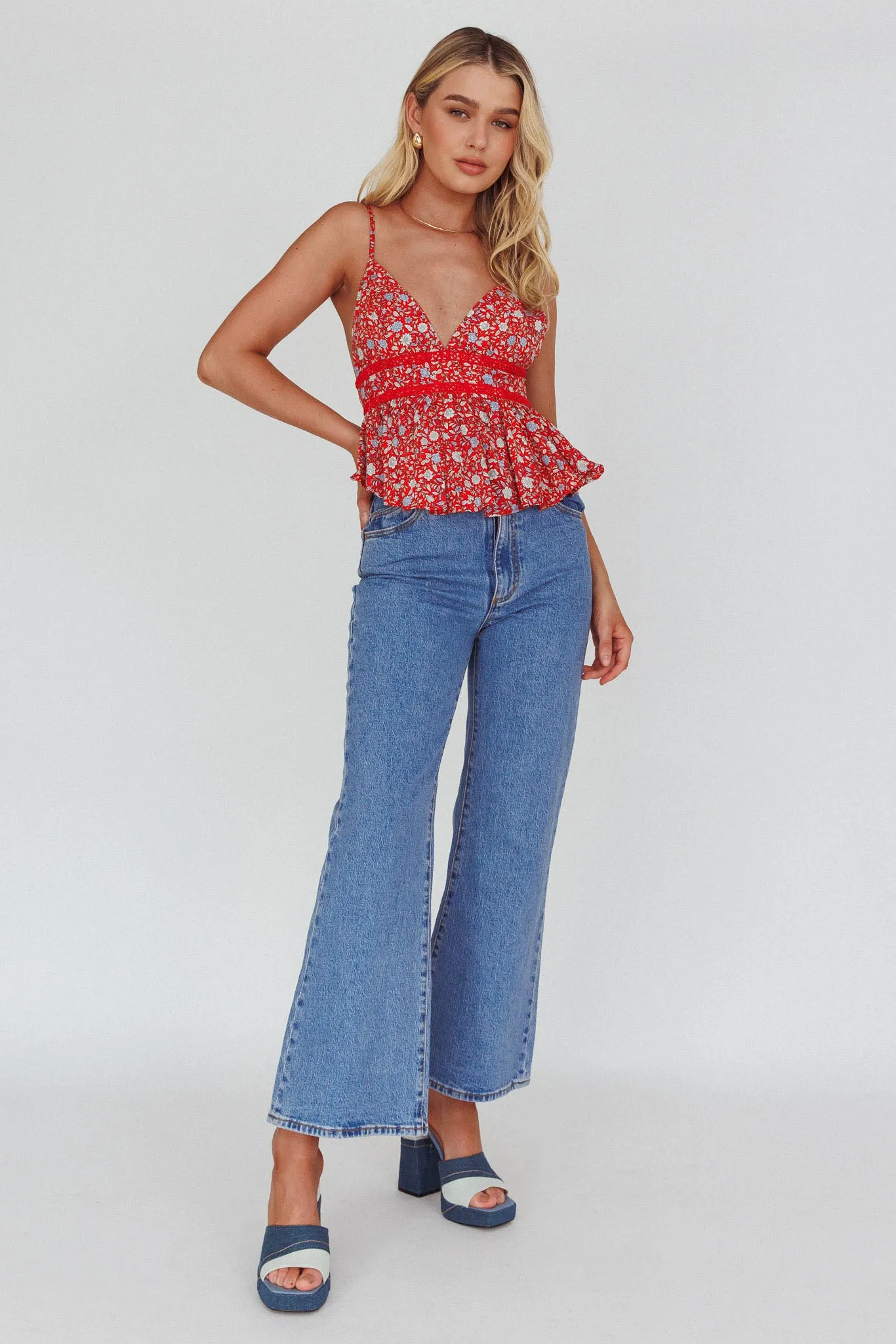 Marigold Crochet Trim Top Floral Red