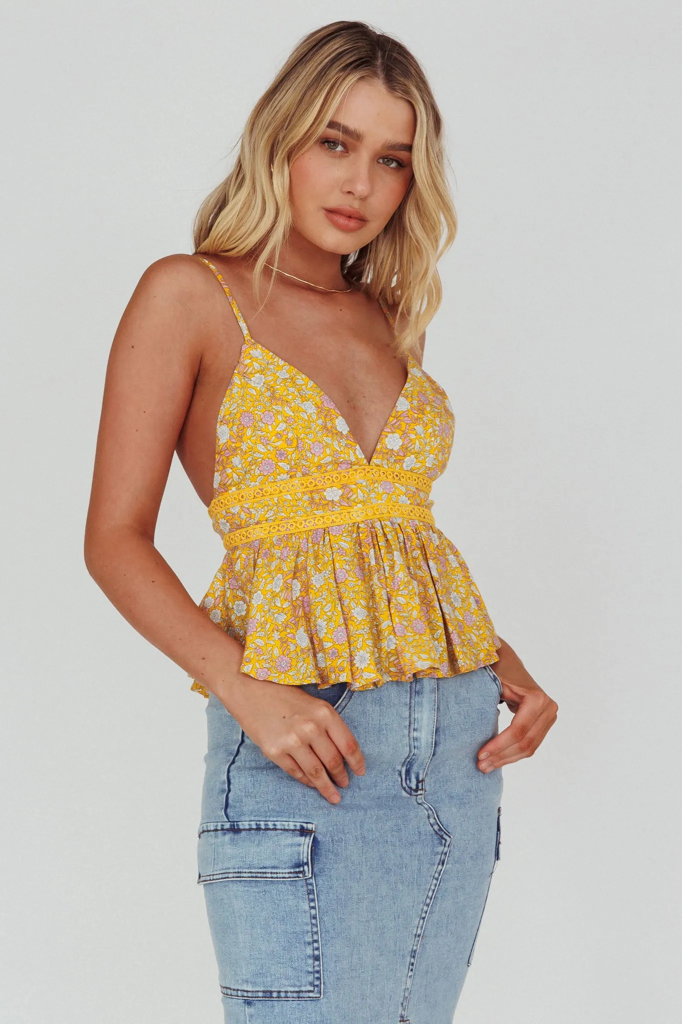 Marigold Crochet Trim Top Floral Yellow