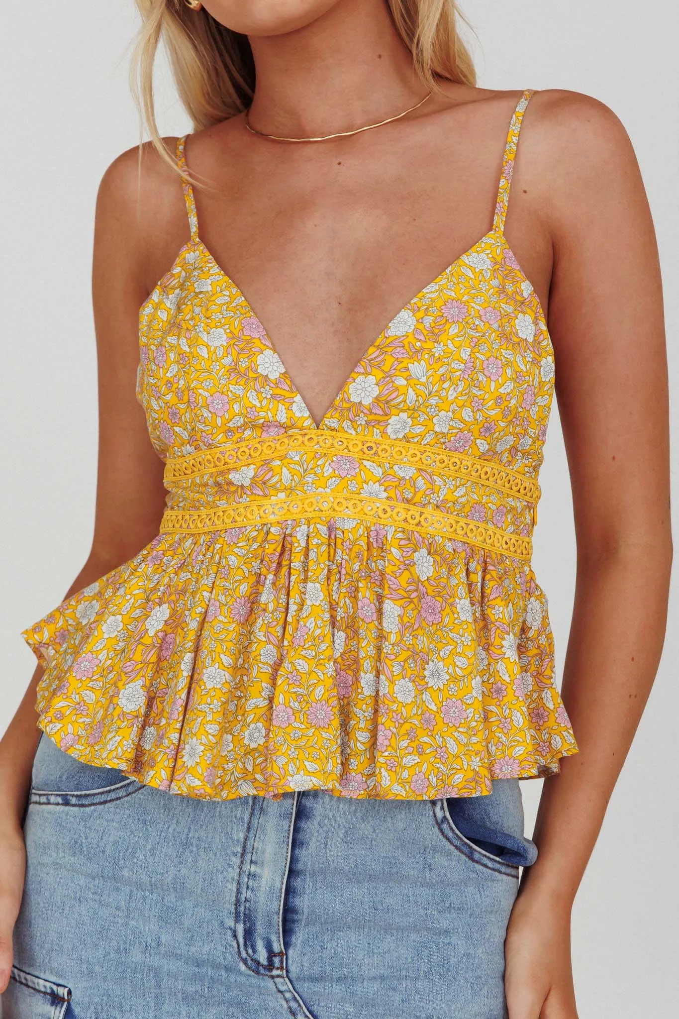 Marigold Crochet Trim Top Floral Yellow