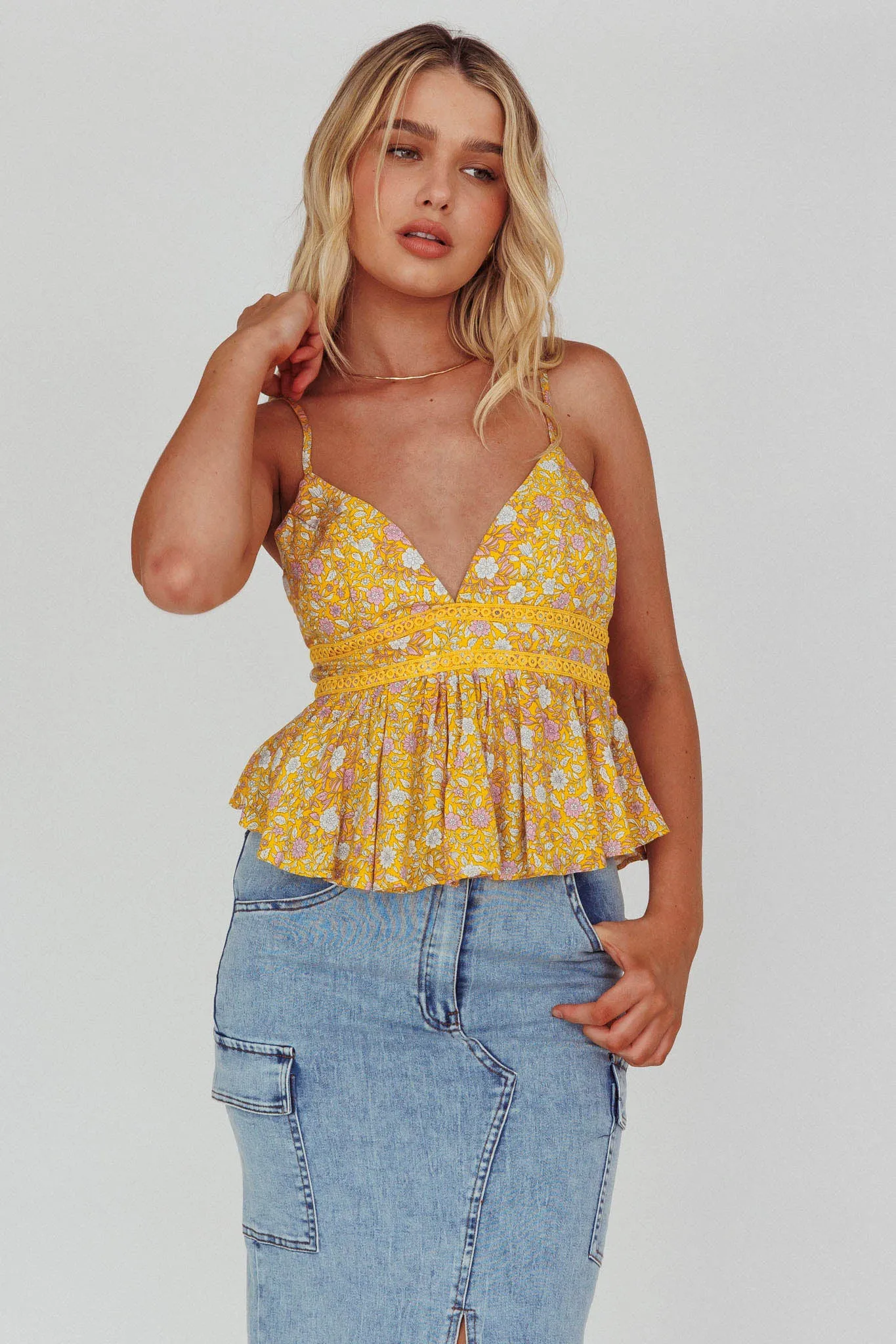 Marigold Crochet Trim Top Floral Yellow