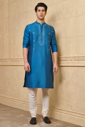 Medium Blue Kurta Set With Mirror Work Highlights