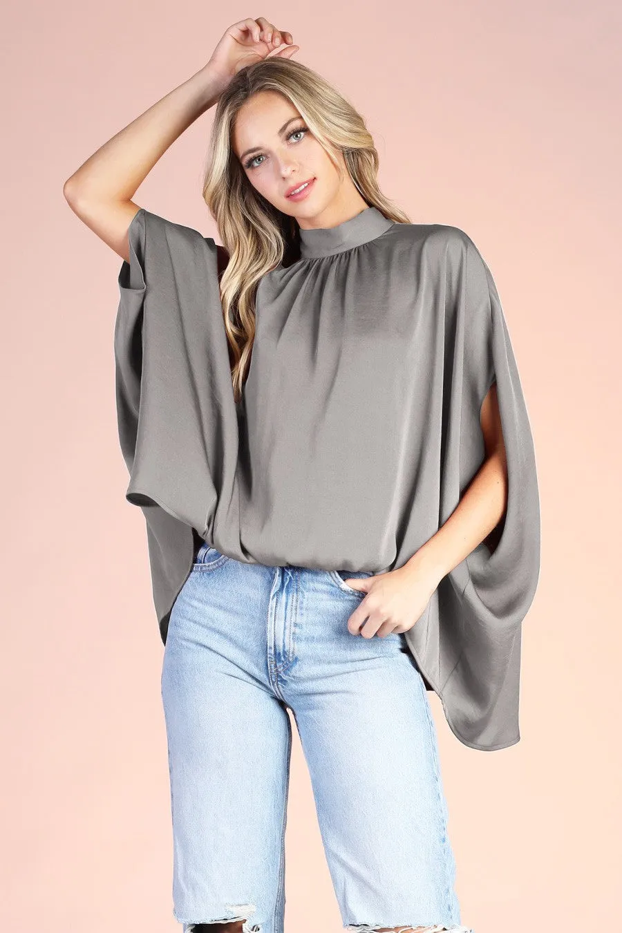 Medium Grey Washed Poly Silk Mock Neck Caftan Top