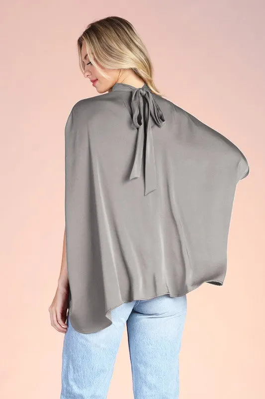 Medium Grey Washed Poly Silk Mock Neck Caftan Top