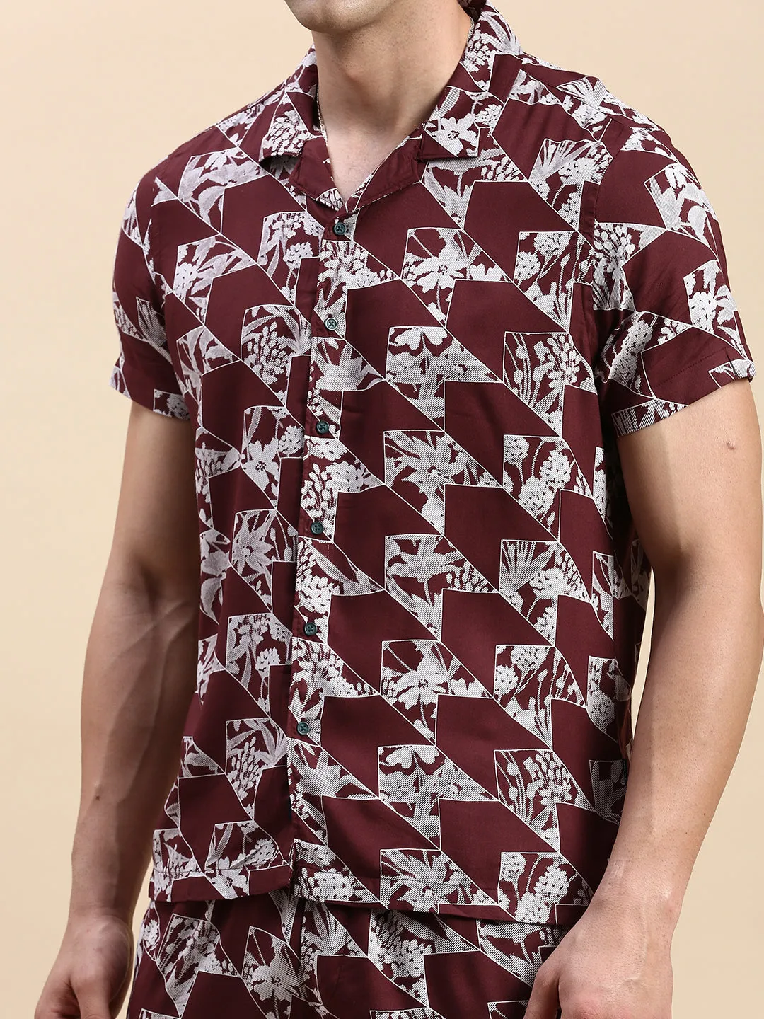 Men Cuban Collar Printed Burgundy Co-Ords Set