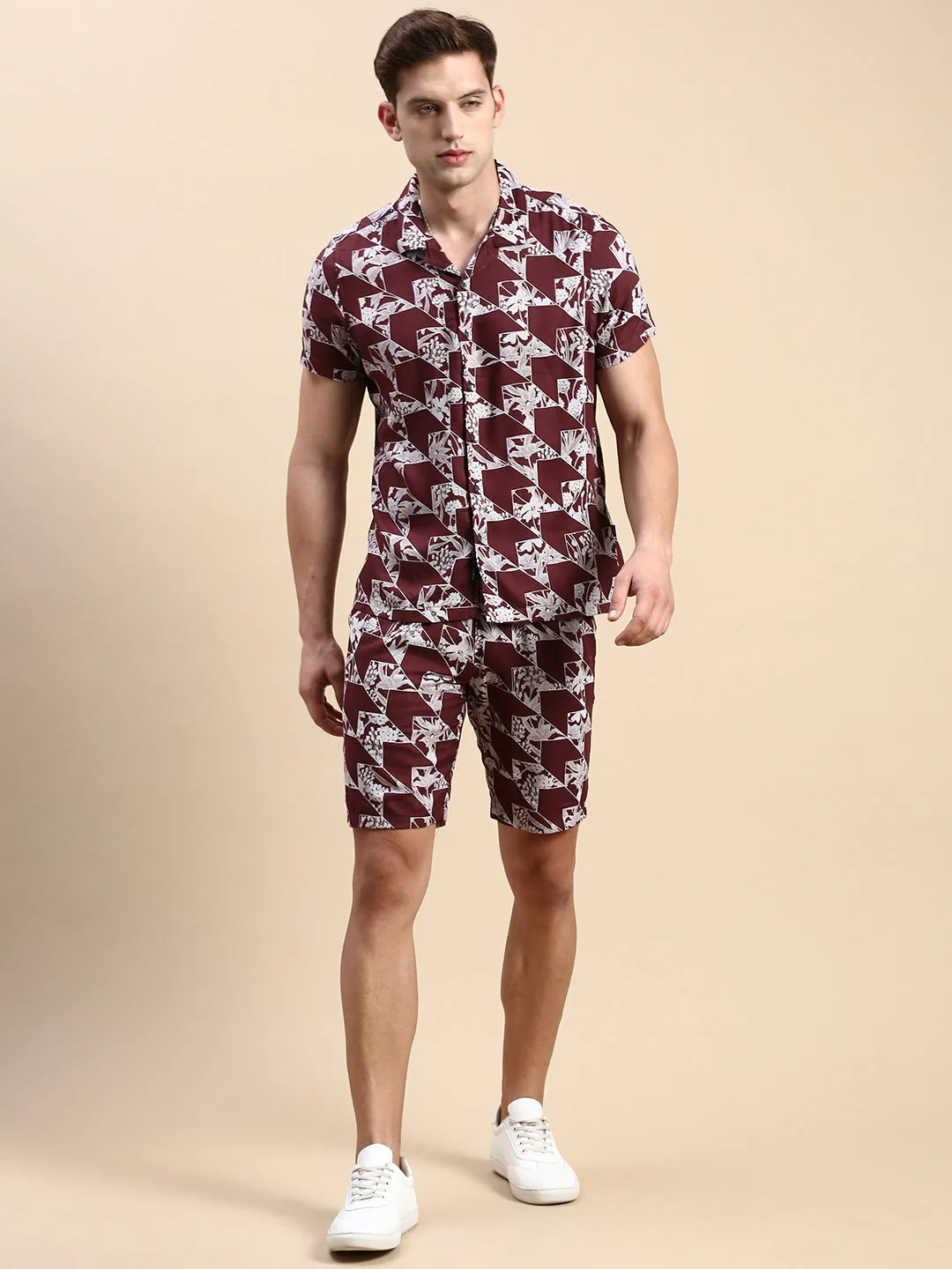 Men Cuban Collar Printed Burgundy Co-Ords Set