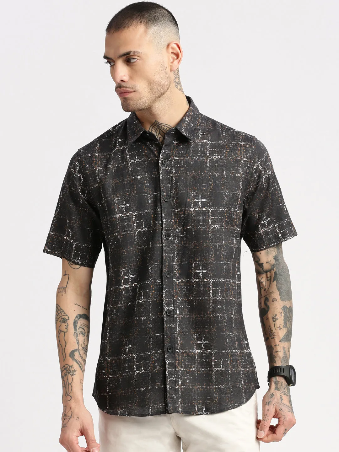 Men Spread Collar Abstract Black Casual Shirt