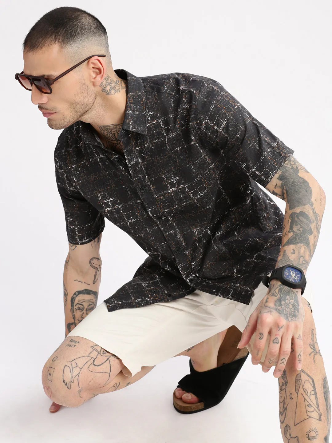 Men Spread Collar Abstract Black Casual Shirt