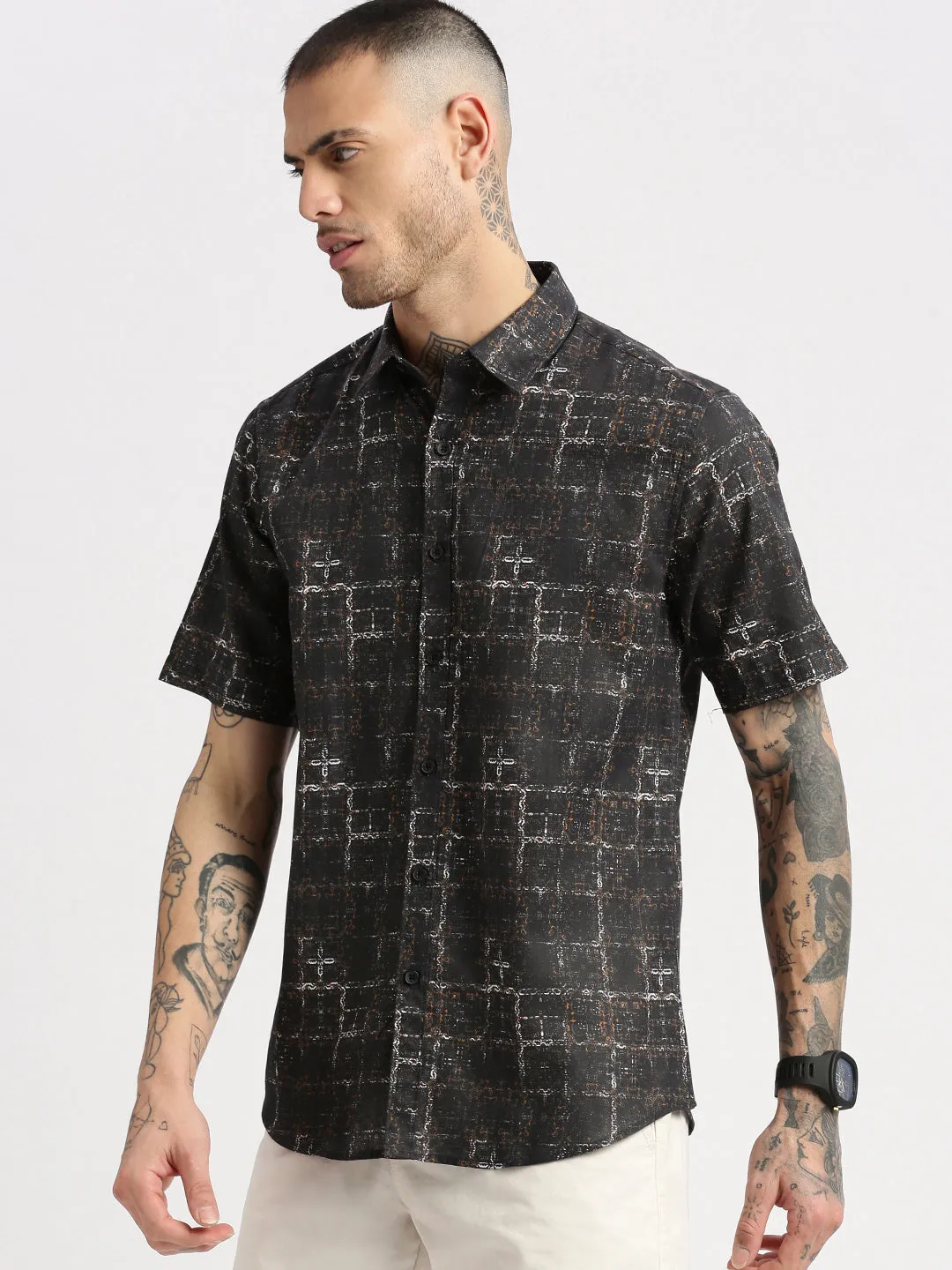 Men Spread Collar Abstract Black Casual Shirt