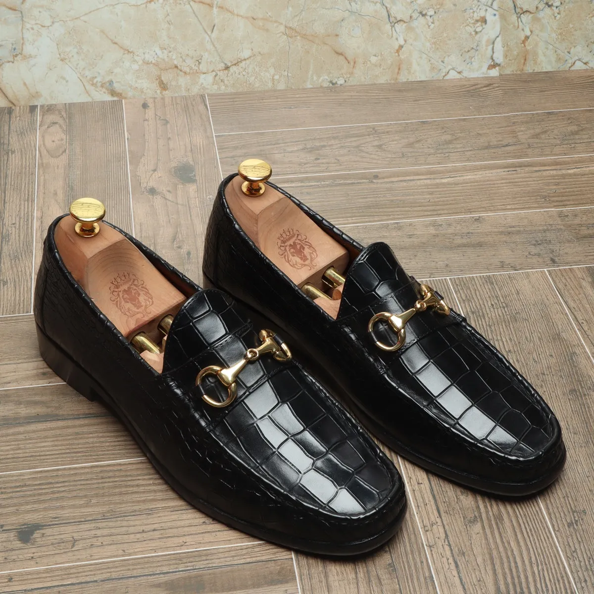 Men's Black Loafer in Croco Textured with Horse-bit Buckle