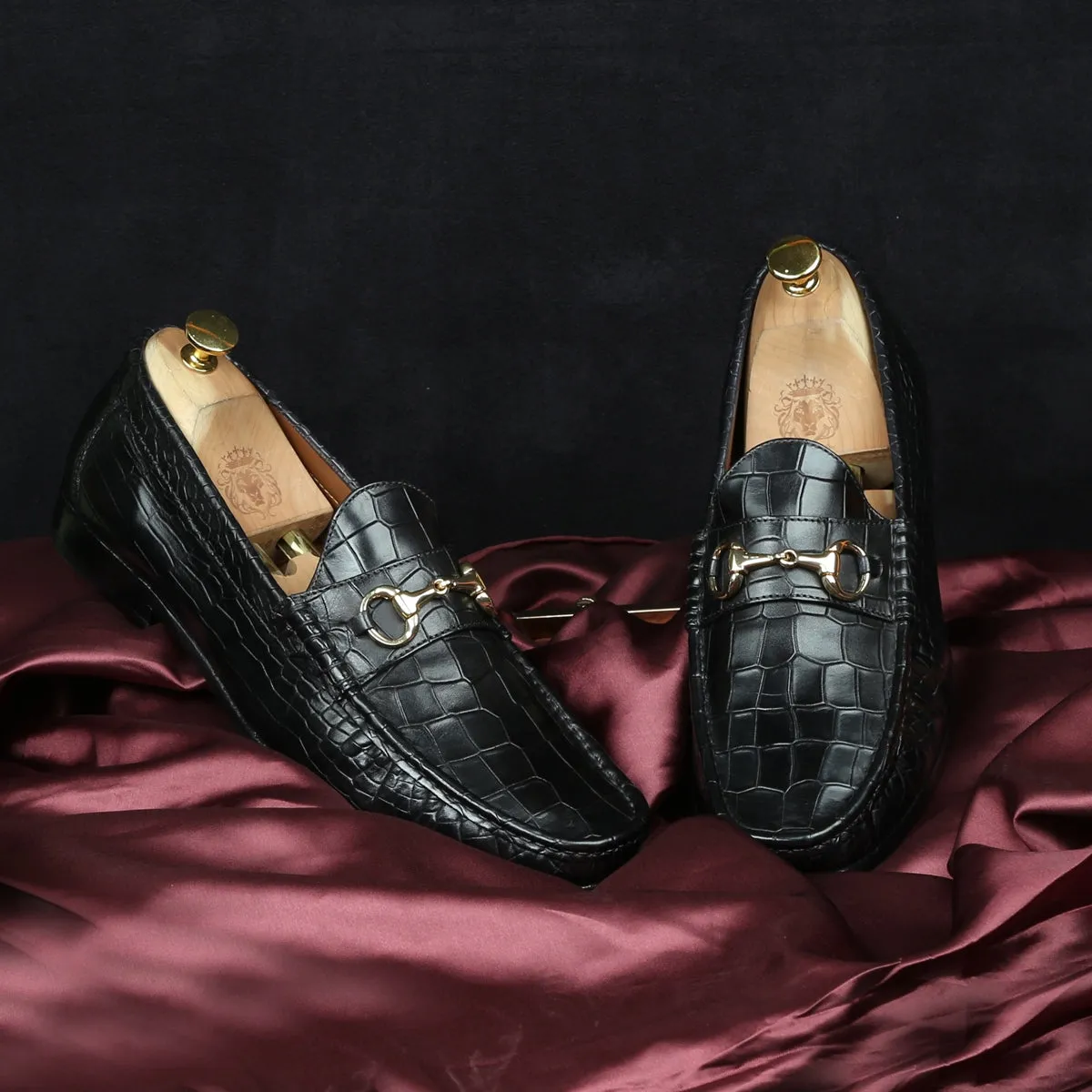 Men's Black Loafer in Croco Textured with Horse-bit Buckle