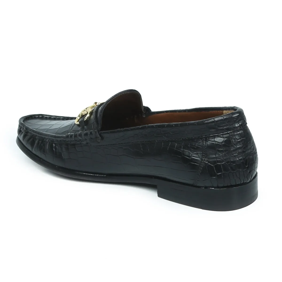 Men's Black Loafer in Croco Textured with Horse-bit Buckle