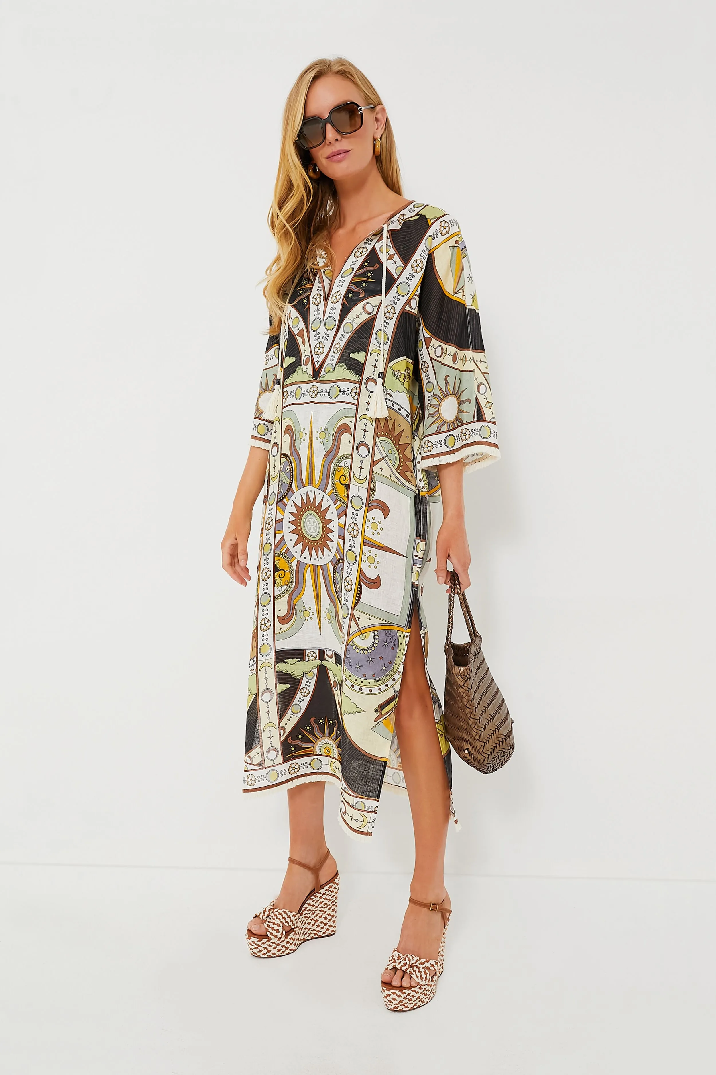 Navy Sundial Printed Linen Caftan