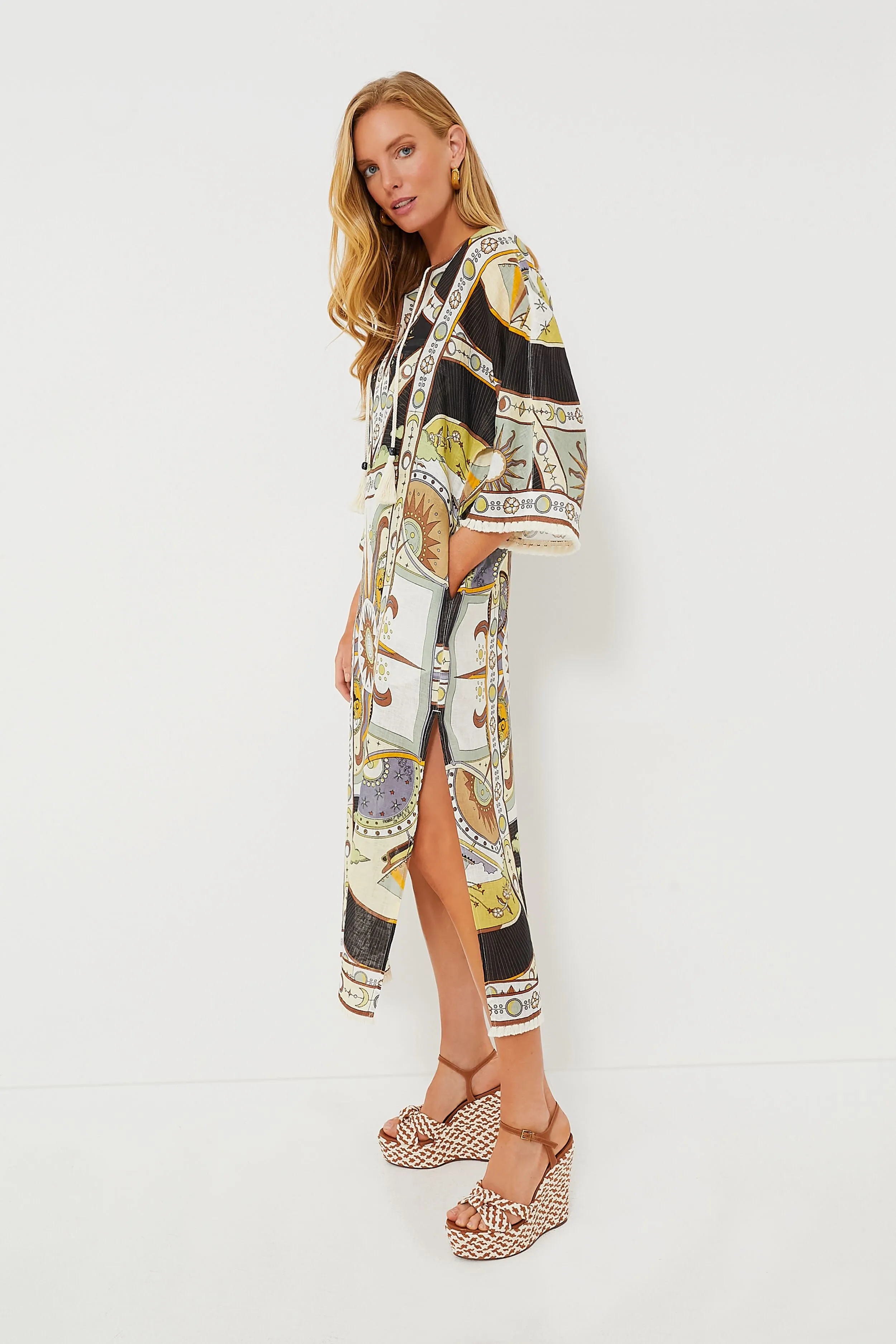 Navy Sundial Printed Linen Caftan