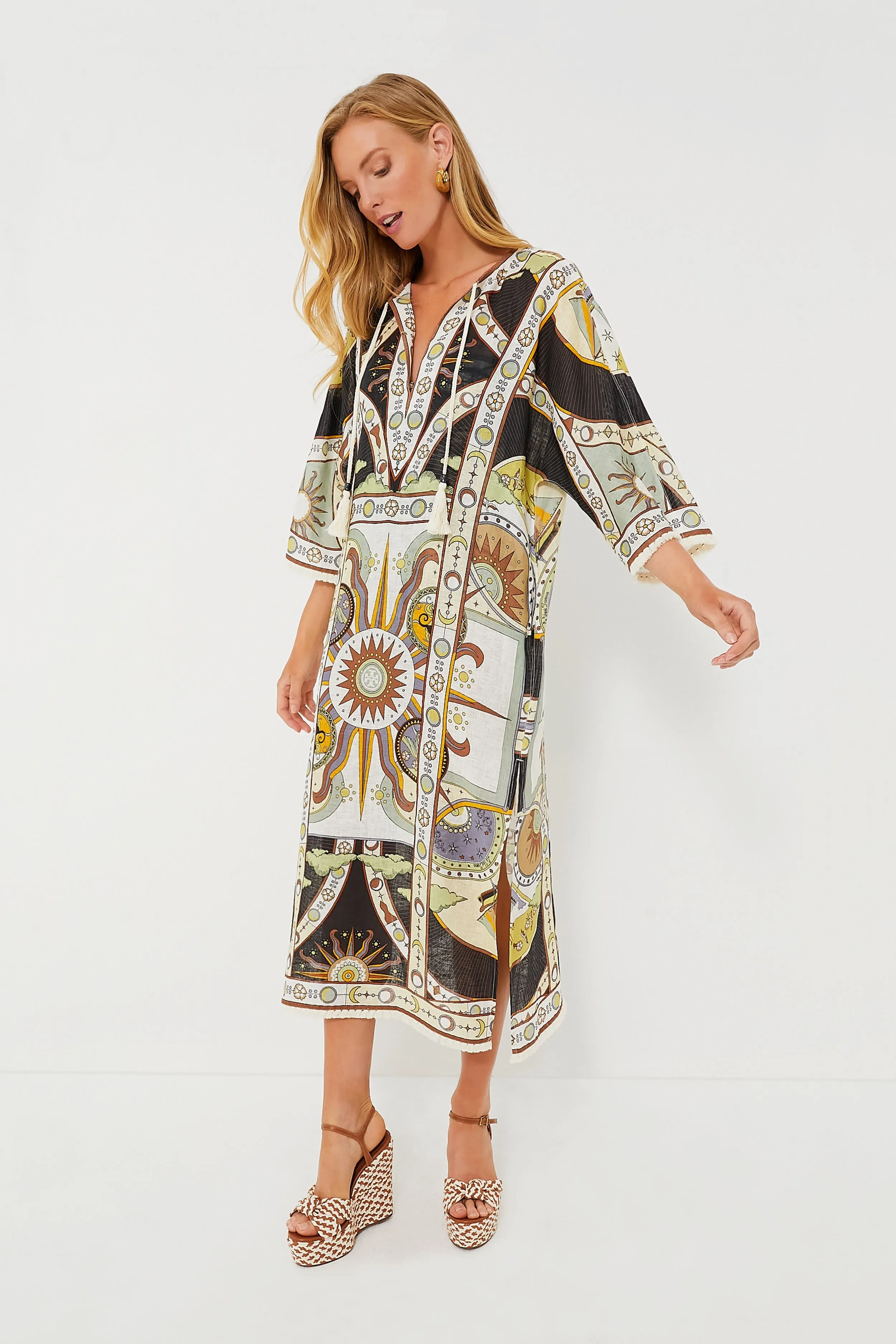 Navy Sundial Printed Linen Caftan