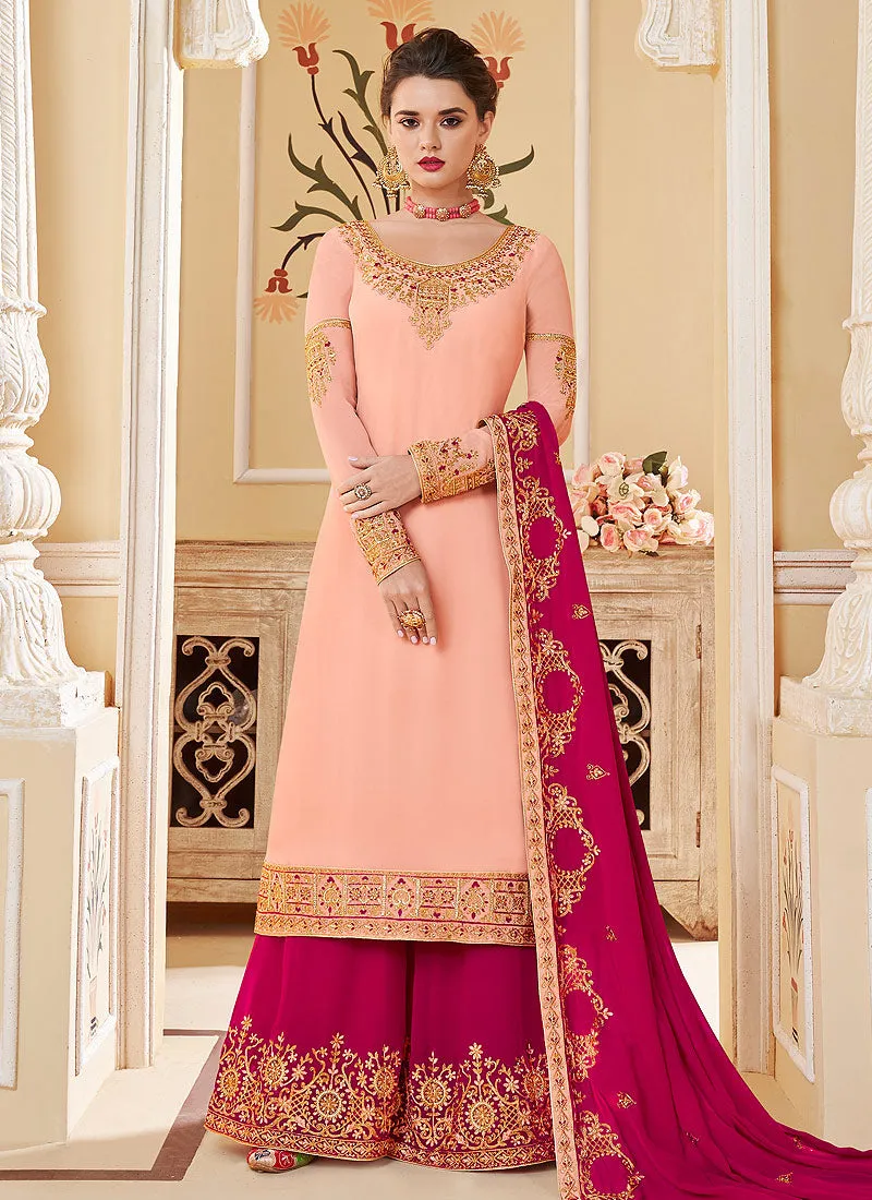 Peach And Pink Embroidered Palazzo Suit