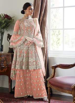 Peach Beige Multi Embroidered Designer Gharara Suit