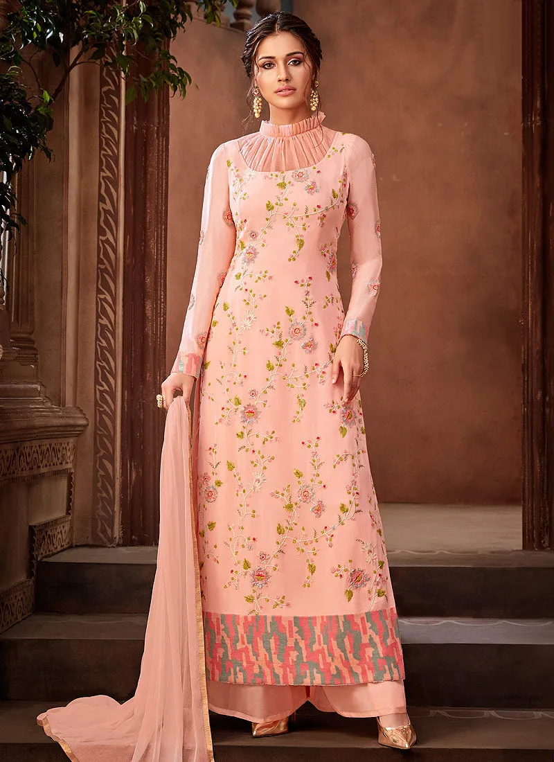 Peach Floral Pakistani Palazzo Pant Suit