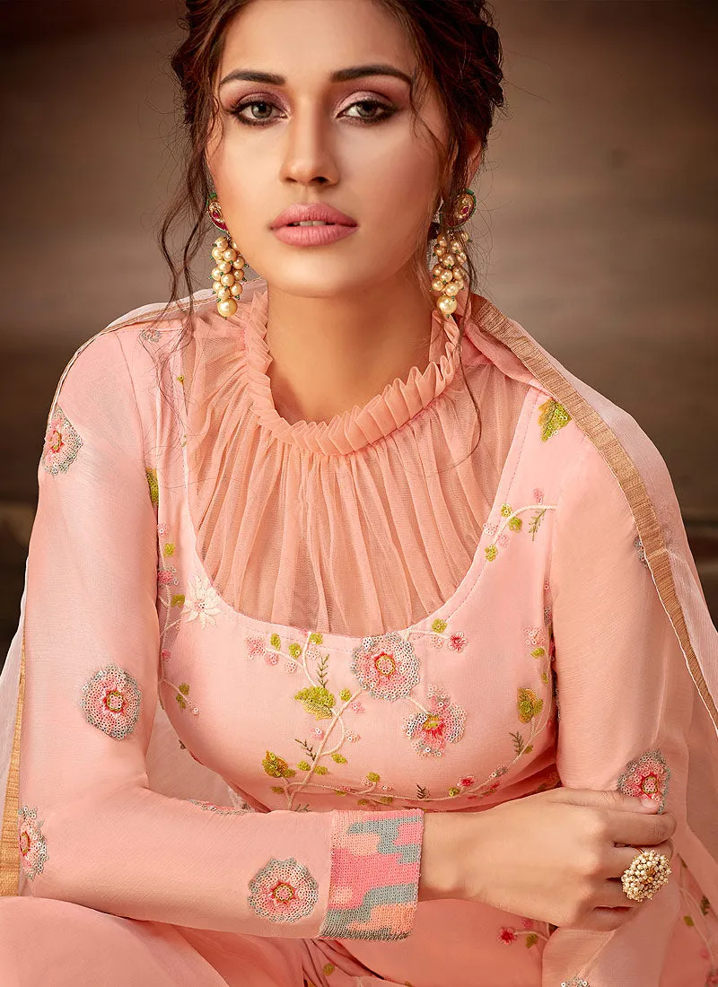 Peach Floral Pakistani Palazzo Pant Suit